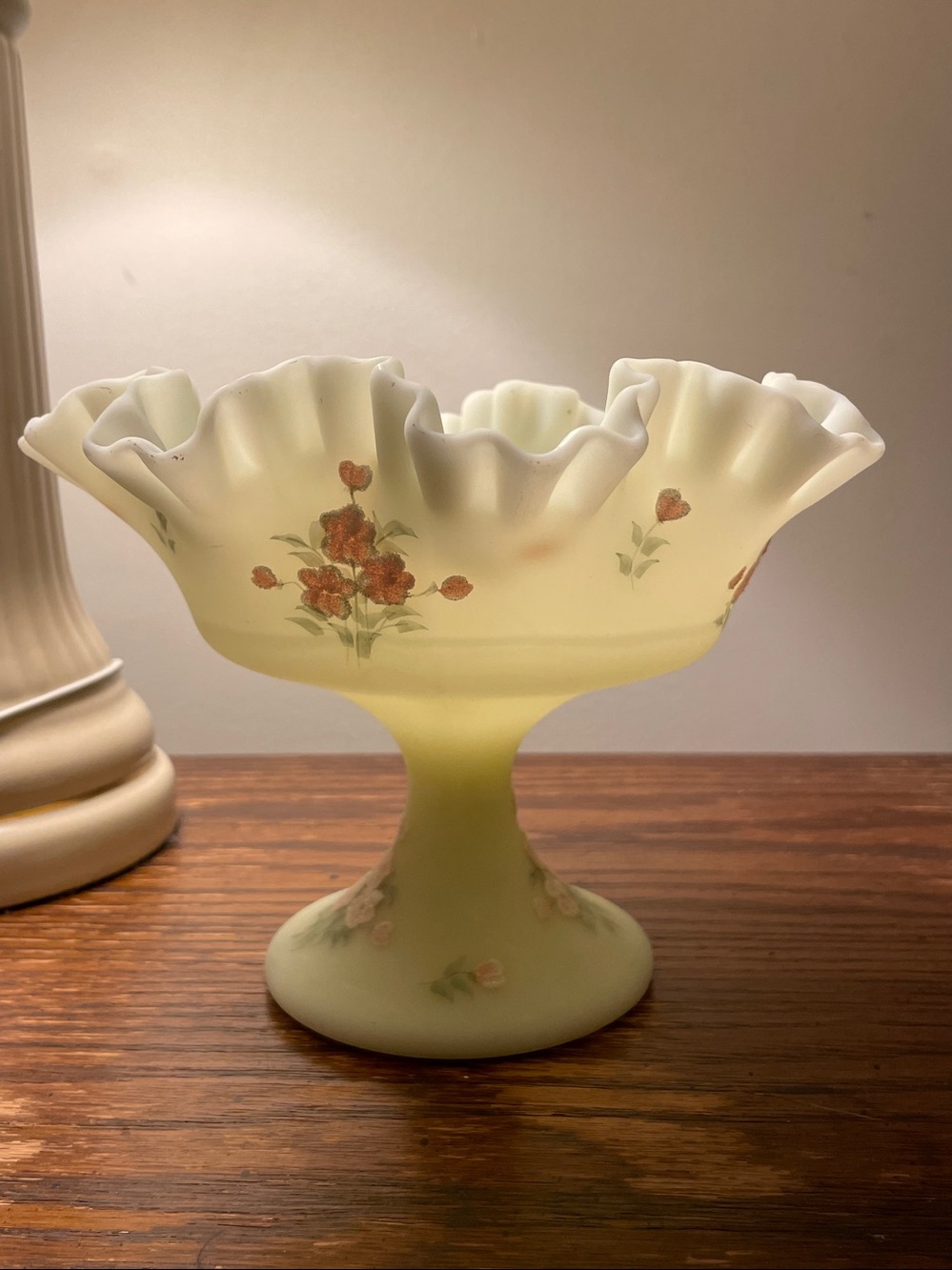 Fenton PINK BLOSSOMS Custard Satin Uranium Glass Compote
